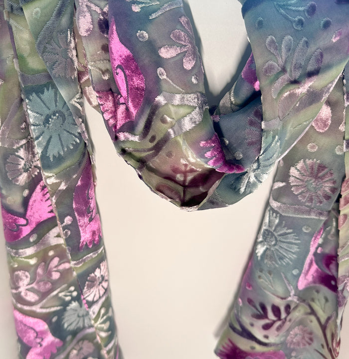 Green-Purple Bird Design Hand Painted Devore Velvet Scarf by Diane Jones (DJ32)
