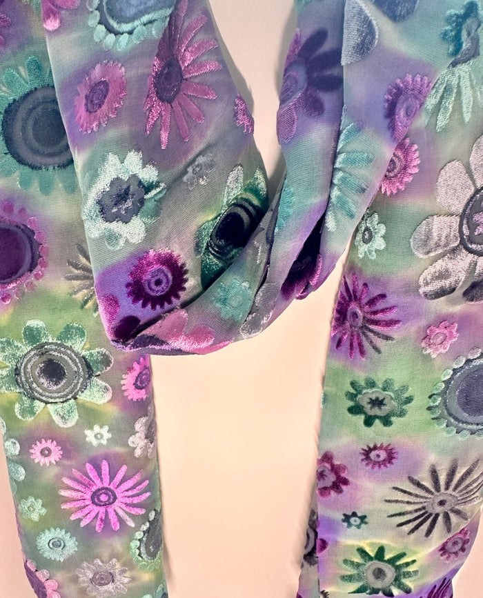 Green-Purple Flower Design Hand Painted Devore Velvet Scarf by Diane Jones (DJ34)