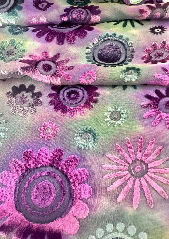 Green-Purple Flower Design Hand Painted Devore Velvet Scarf by Diane Jones (DJ34)