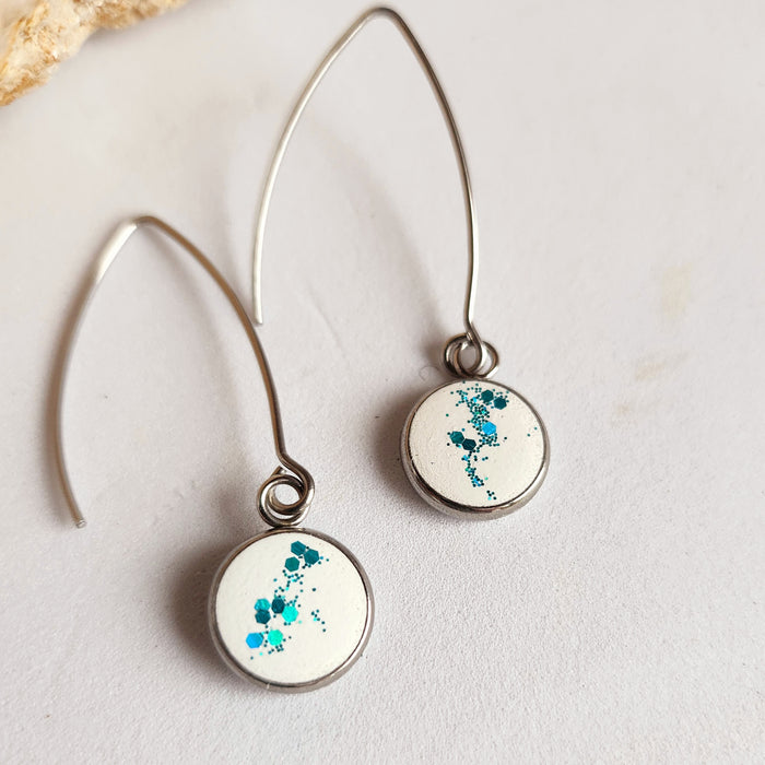 Concrete Dangle Earrings in White with Blue Glitter by Heidi Fenn