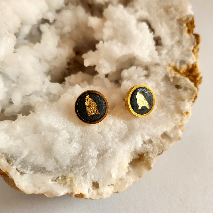 Round Concrete Stud Earrings in Black with Gold Leaf by Heidi Fenn 