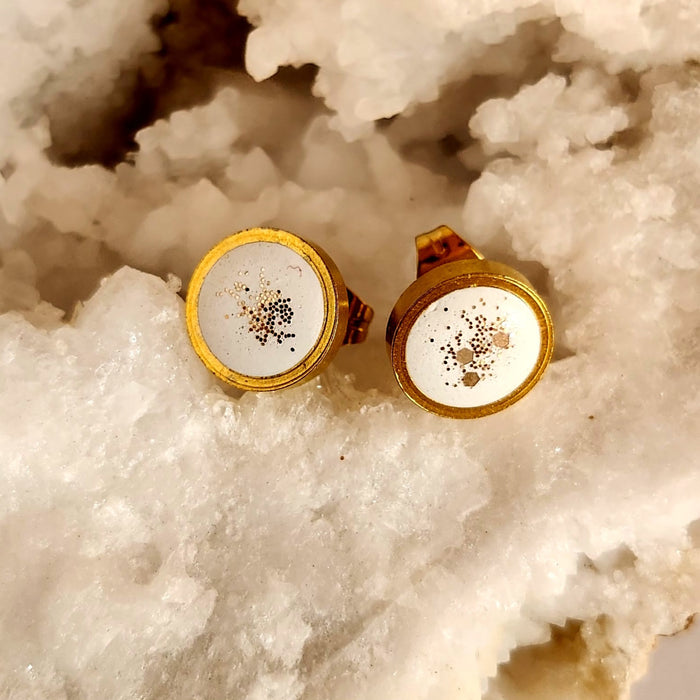 Round Concrete Stud Earrings in White with Gold Glitter by Heidi Fenn 