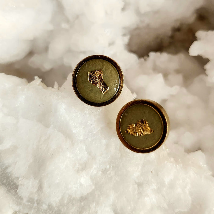 Round Concrete Stud Earrings in Green with Gold Leaf by Heidi Fenn 