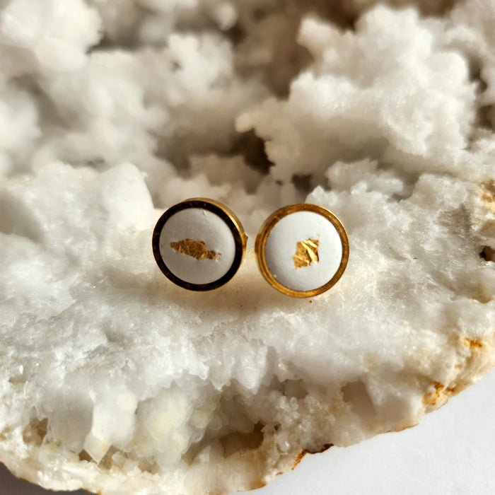 Round Concrete Stud Earrings in White with Gold Leaf by Heidi Fenn