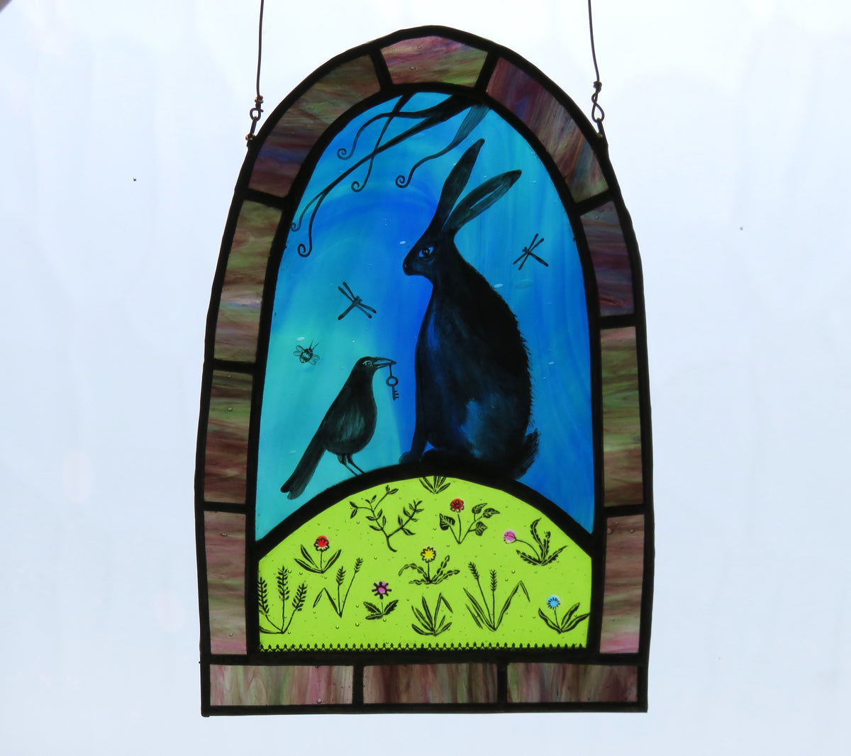 Hare with Crow and Keys - Stained Glass Panel by Debra Eden