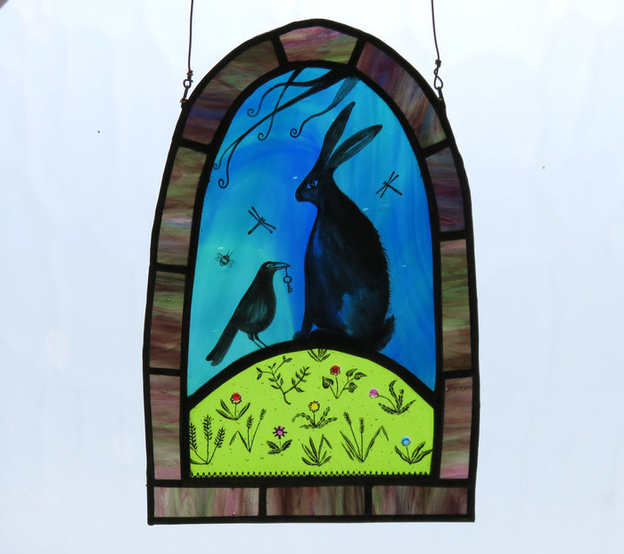 Hare with Crow and Keys - Stained Glass Panel by Debra Eden
