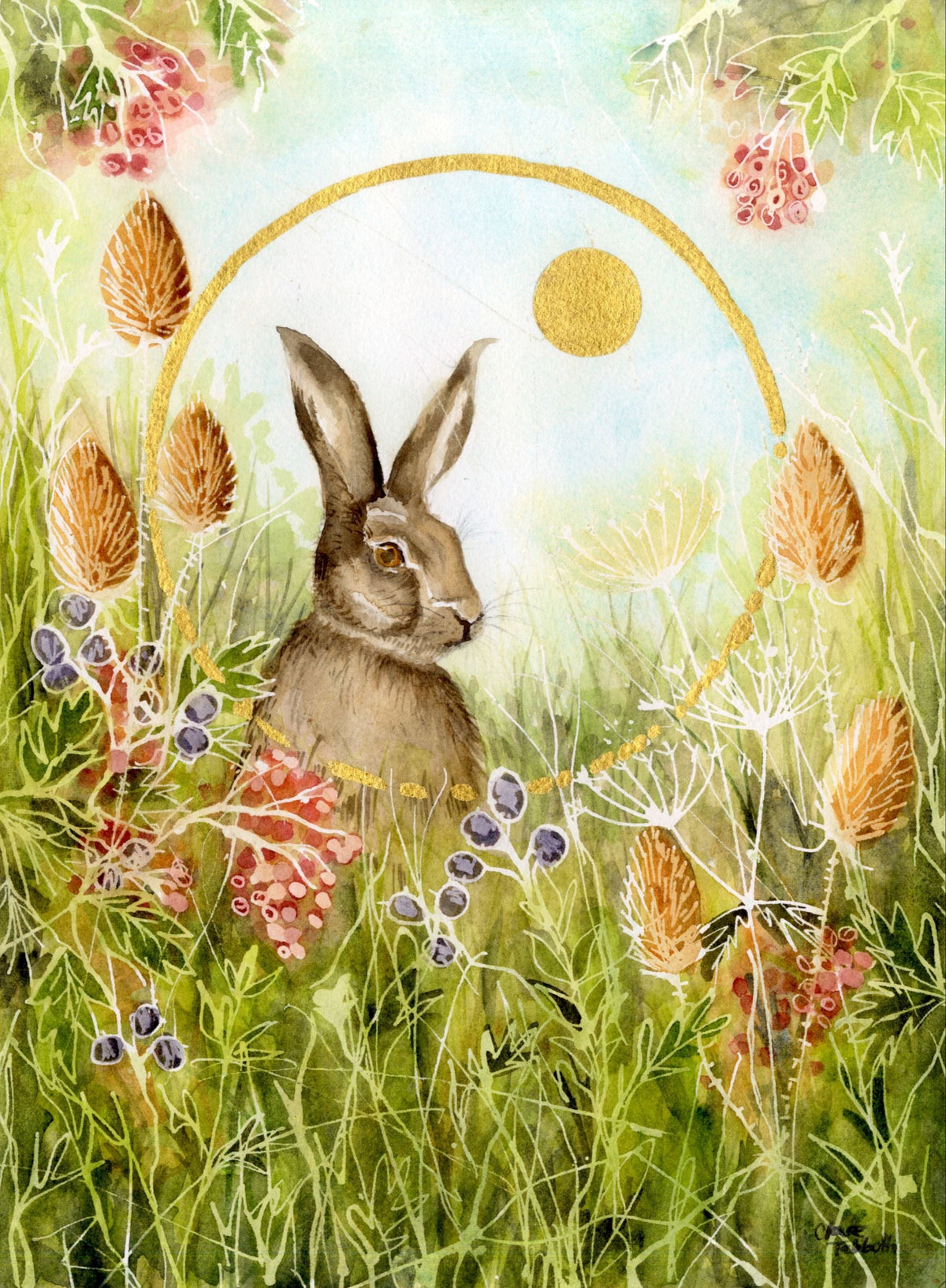 watercolour painting of Hare in harvest field & full moon with gold leaf gilding