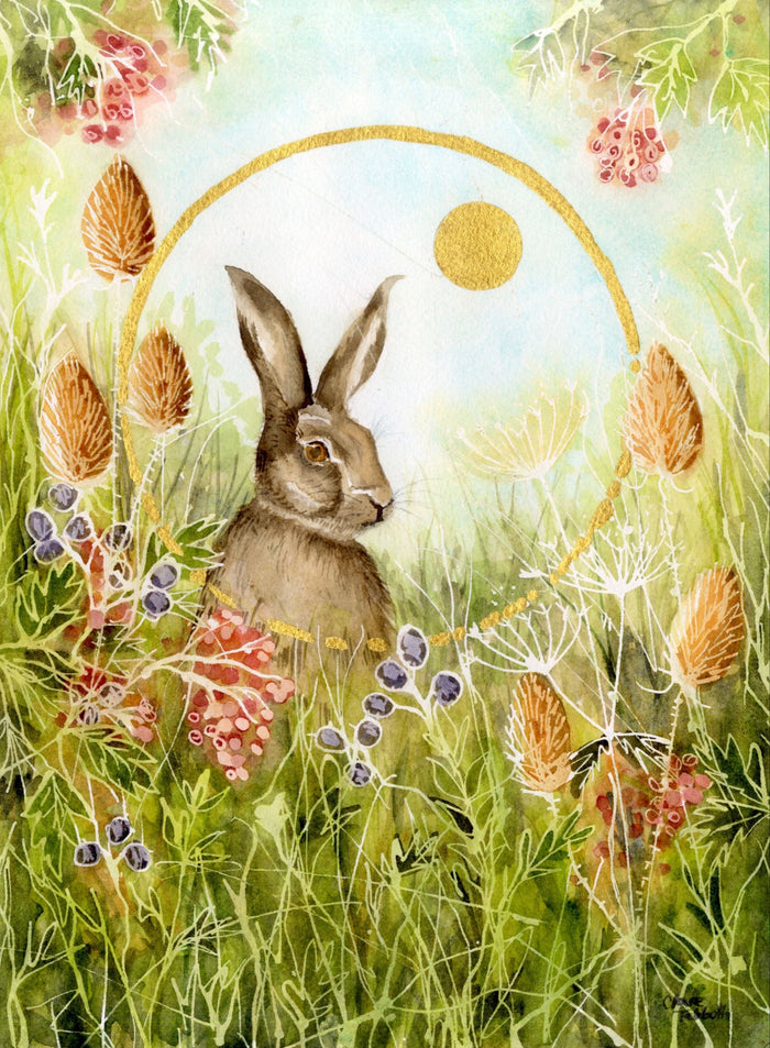 watercolour painting of Hare in harvest field & full moon with gold leaf gilding