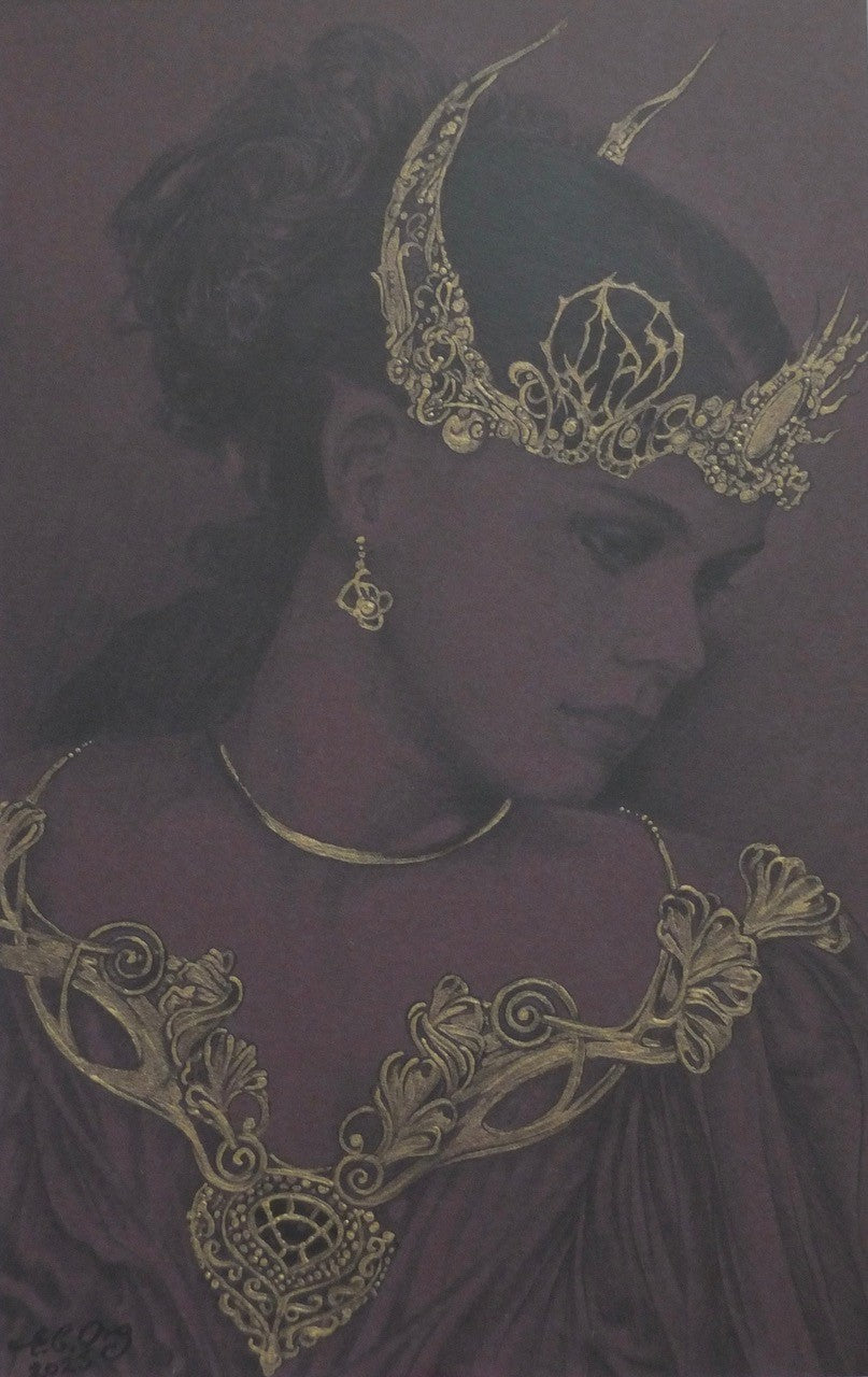Head Study in Purple and Gold  - Original Pencil Drawing with Gold Ink by Ed Org