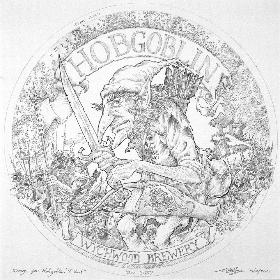 Illustration of a goblin warrior with text 'Hobgoblin' and 'Wychwood Brewery' in a circular design.