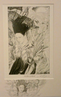 Artistic depiction of an elven woman with flowing hair and nature elements, framed on a beige wall.