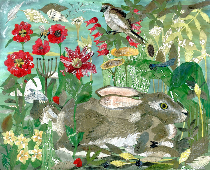 Collage of a haret, flowers, and birds in a garden setting