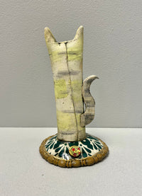 Acid Yellow Stripy Cat - Ceramic Sculpture by Sarah Saunders