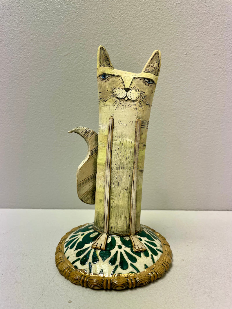 Acid Yellow Stripy Cat - Ceramic Sculpture by Sarah Saunders
