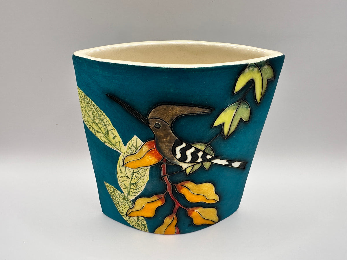 Hoopoe & Chameleon Design Flat Vase in Teal with by Jeanne Jackson
