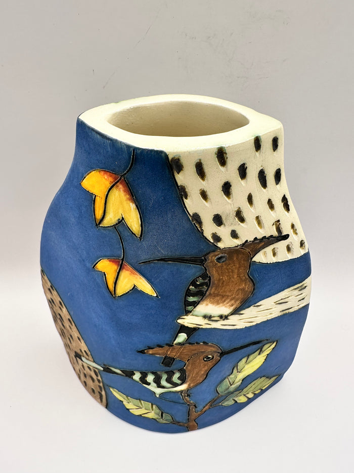 Hoopoe & Bird Design Large Vase in Matte Blue by Jeanne Jackson