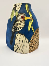 Hoopoe & Bird Design Large Vase in Matte Blue by Jeanne Jackson