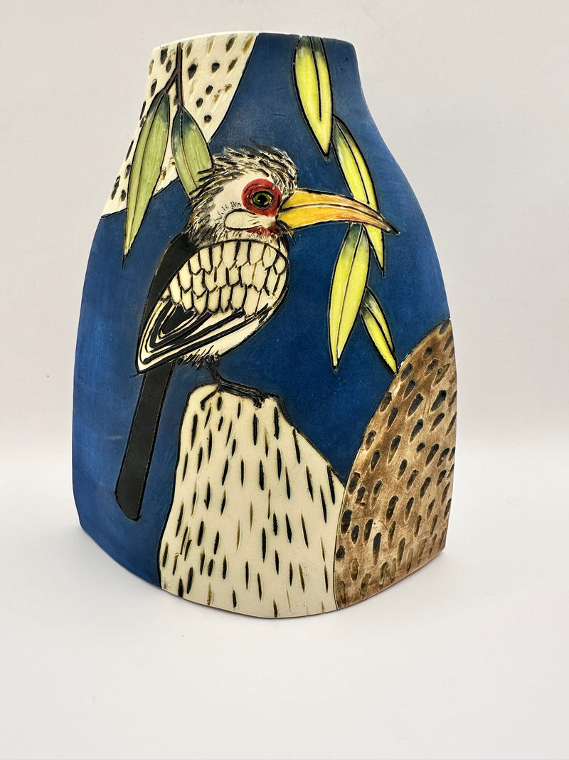 Hoopoe & Bird Design Large Vase in Matte Blue by Jeanne Jackson