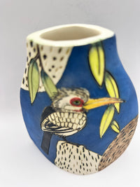 Hoopoe & Bird Design Large Vase in Matte Blue by Jeanne Jackson