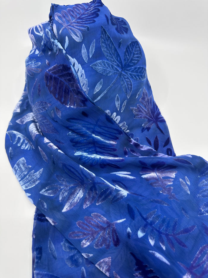 Blue Leaf Design Hand Painted Devore Velvet Scarf by Diane Jones (DJ41)