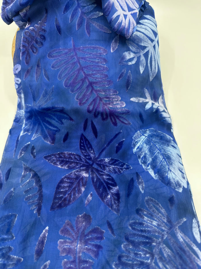 Blue Leaf Design Hand Painted Devore Velvet Scarf by Diane Jones (DJ41)