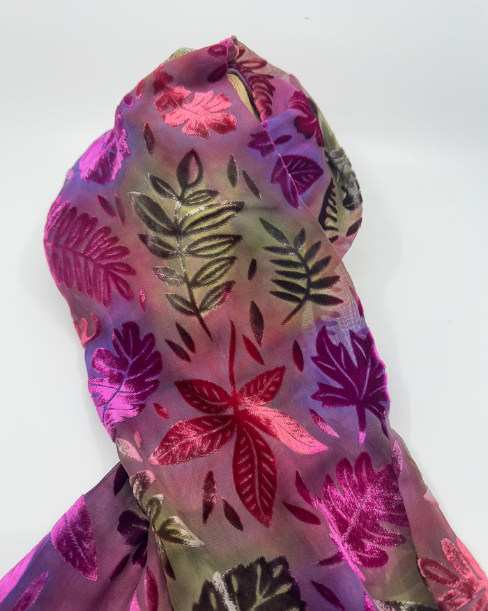 Multi-Coloured Leaf Design Hand Painted Devore Velvet Scarf by Diane Jones (DJ42)