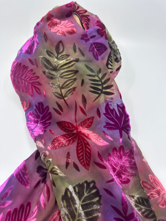 Multi-Coloured Leaf Design Hand Painted Devore Velvet Scarf by Diane Jones (DJ42)