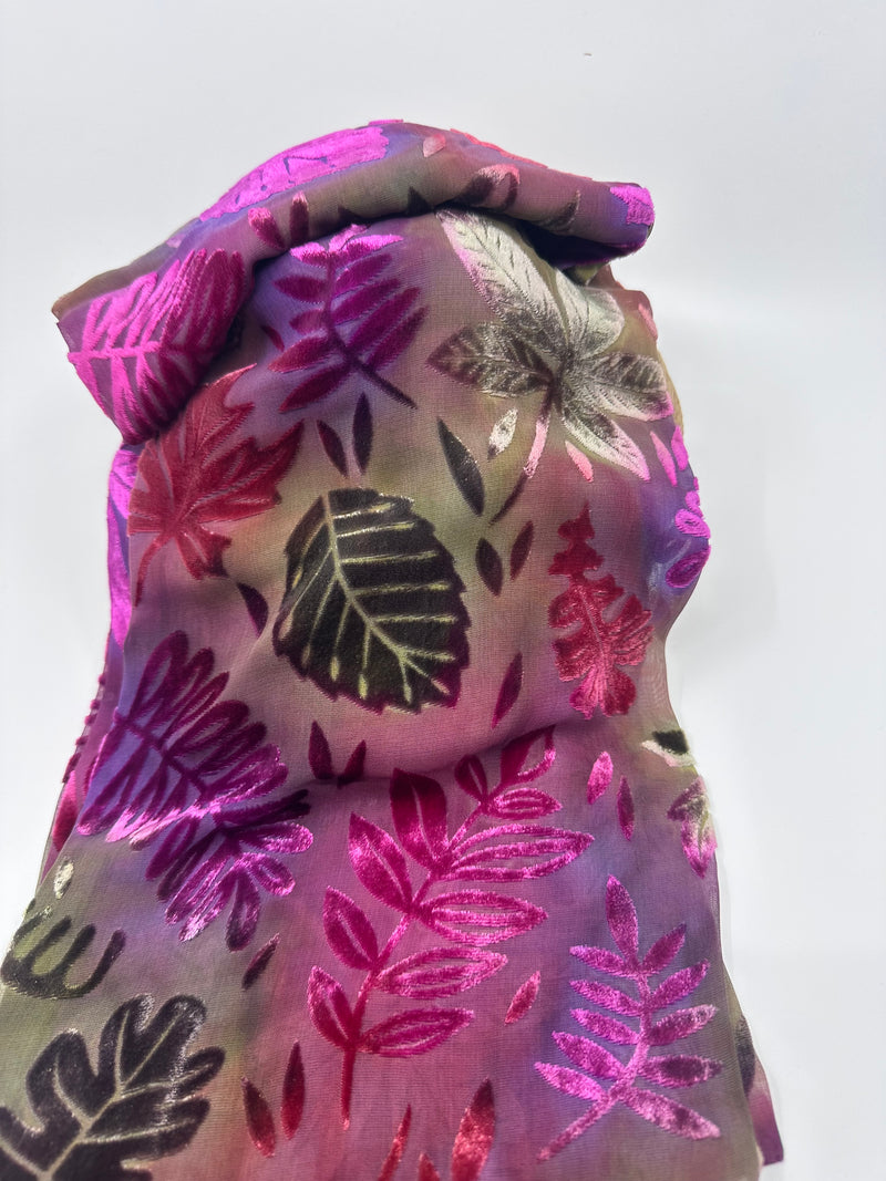 Multi-Coloured Leaf Design Hand Painted Devore Velvet Scarf by Diane Jones (DJ42)
