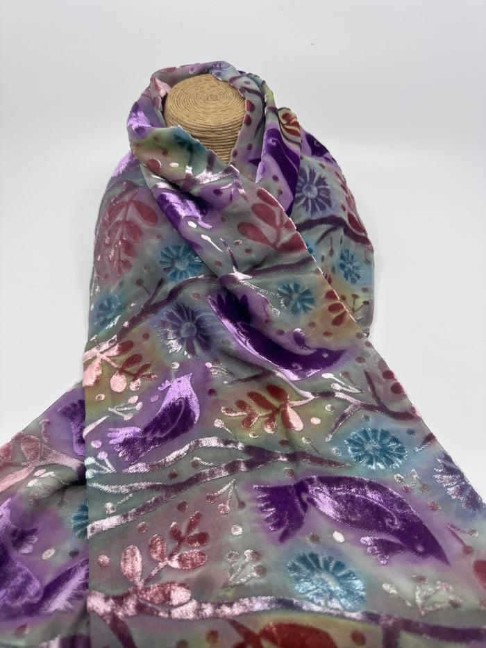 Pastel Bird Design Hand Painted Devore Velvet Scarf by Diane Jones (DJ43)
