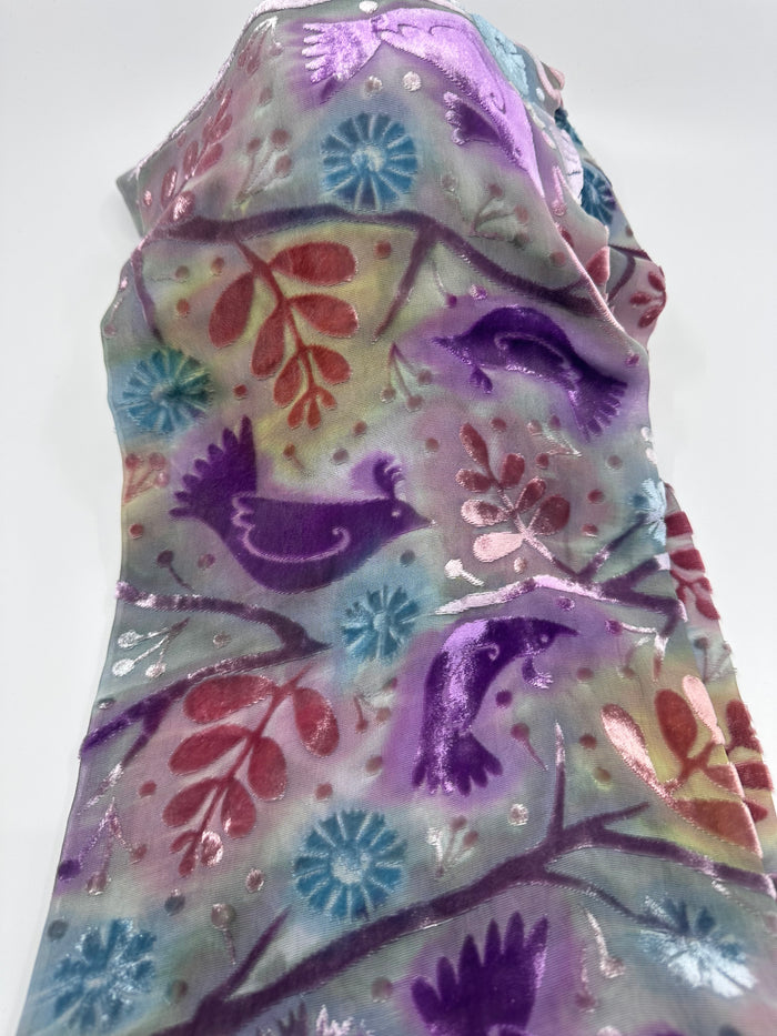 Pastel Bird Design Hand Painted Devore Velvet Scarf by Diane Jones (DJ43)