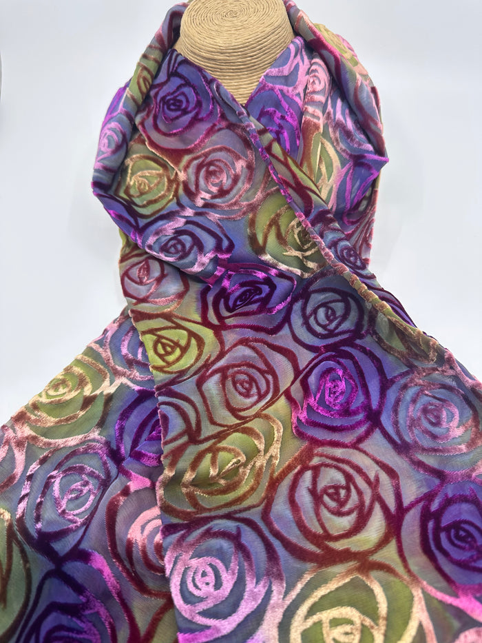 Multi-Coloured Rose Design Hand Painted Devore Velvet Scarf by Diane Jones (DJ44)