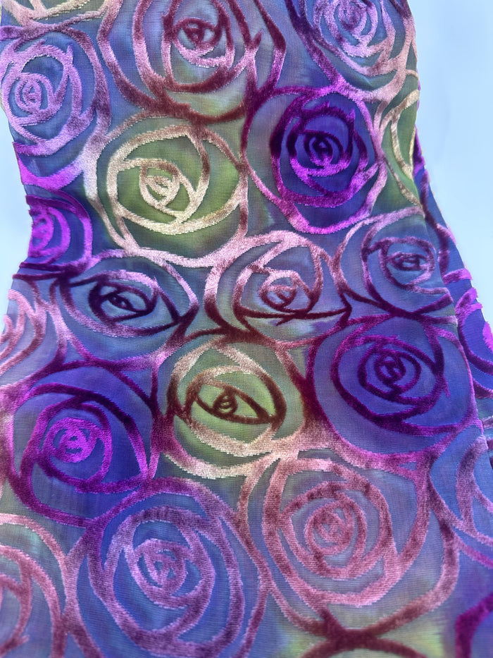 Multi-Coloured Rose Design Hand Painted Devore Velvet Scarf by Diane Jones (DJ44)