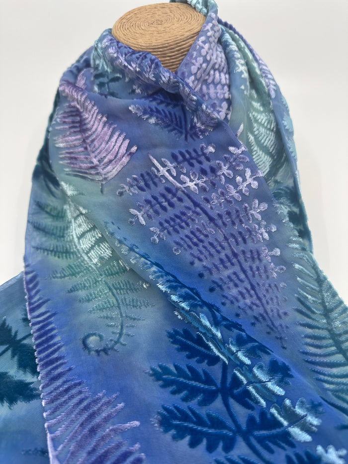 Pale Blue & Green Fern Design Hand Painted Devore Velvet Scarf by Diane Jones (DJ49)