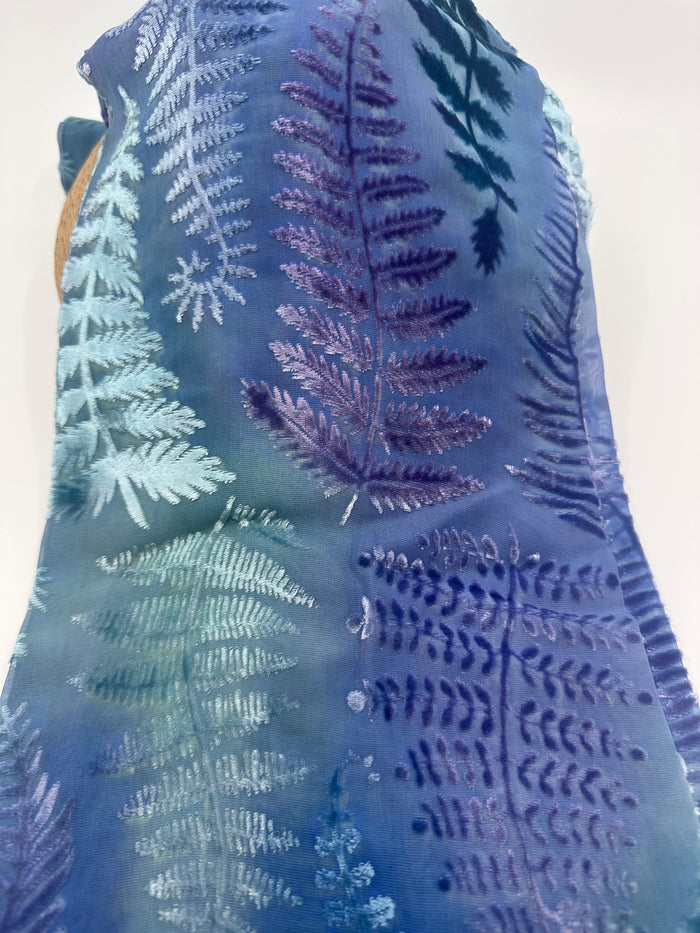 Pale Blue & Green Fern Design Hand Painted Devore Velvet Scarf by Diane Jones (DJ49)