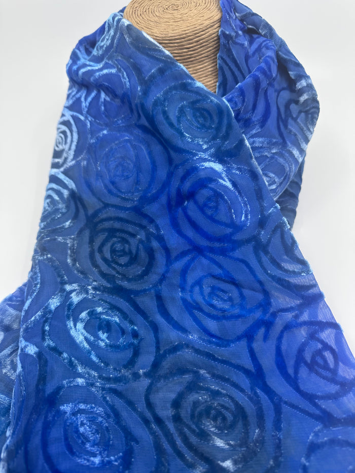 Blue Roses Design Hand Painted Devore Velvet Scarf by Diane Jones (DJ50)