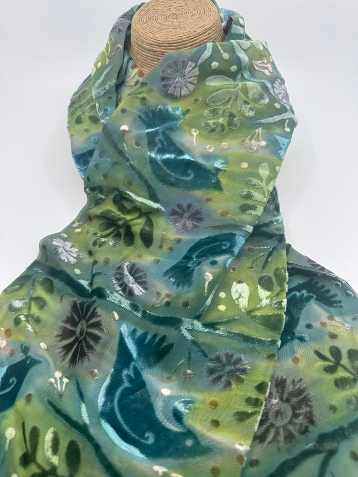Green Birds Design Hand Painted Devore Velvet Scarf by Diane Jones (DJ51)