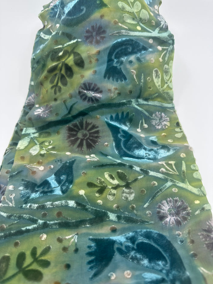 Green Birds Design Hand Painted Devore Velvet Scarf by Diane Jones (DJ51)