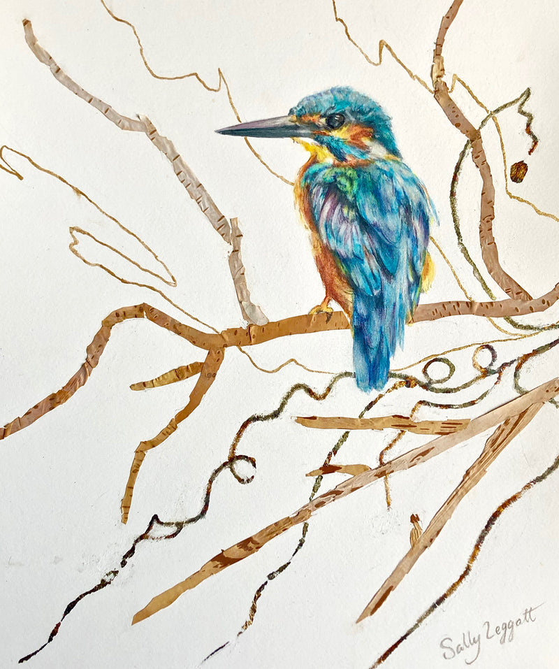 Kingfisher watercolour painting perched on a branch made of silver birch bark ith gold leaf embellishment