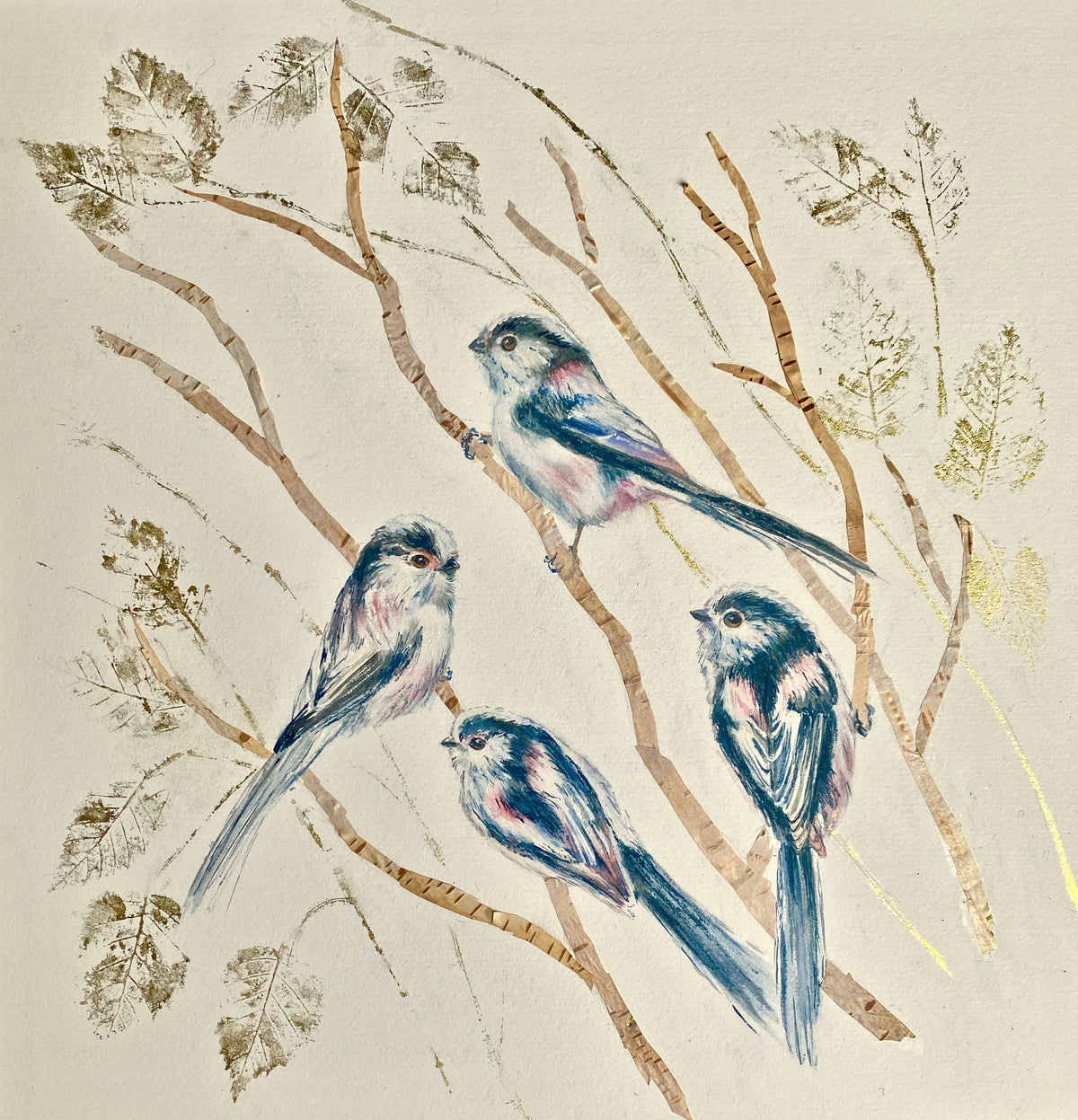 Watercolour painting of four long-tailed tits perched on branches made from real silver birch bark with gold lustre leaf prints and a soft, neutral background. Pianred on heavy watercolour paper.