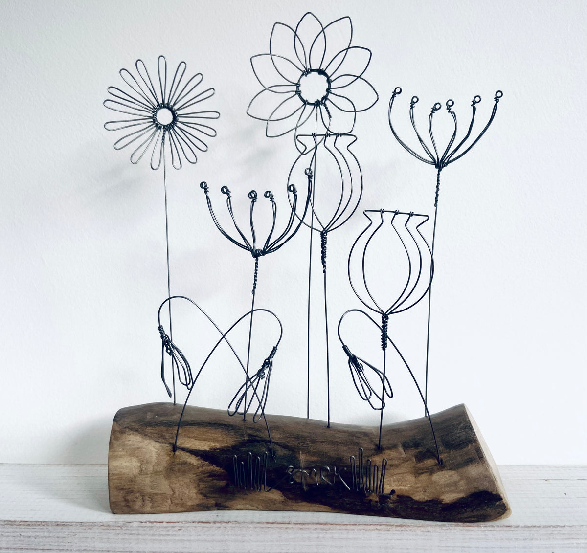 "Flowers & Seed Heads" - freestanding wire and waxed driftwood scupture by Wild Grey Art
