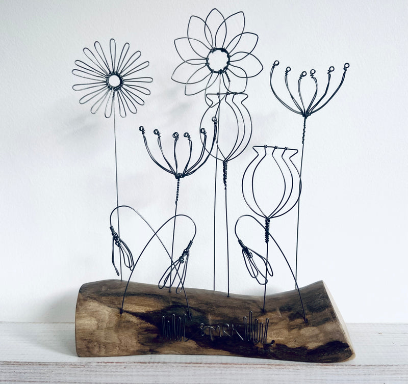 "Flowers & Seed Heads" - freestanding wire and waxed driftwood scupture by Wild Grey Art