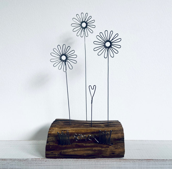 "Small Daisies" - freestanding wire and waxed driftwood scupture by Wild Grey Art