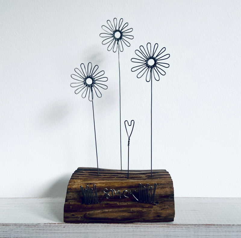 "Small Daisies" - freestanding wire and waxed driftwood scupture by Wild Grey Art