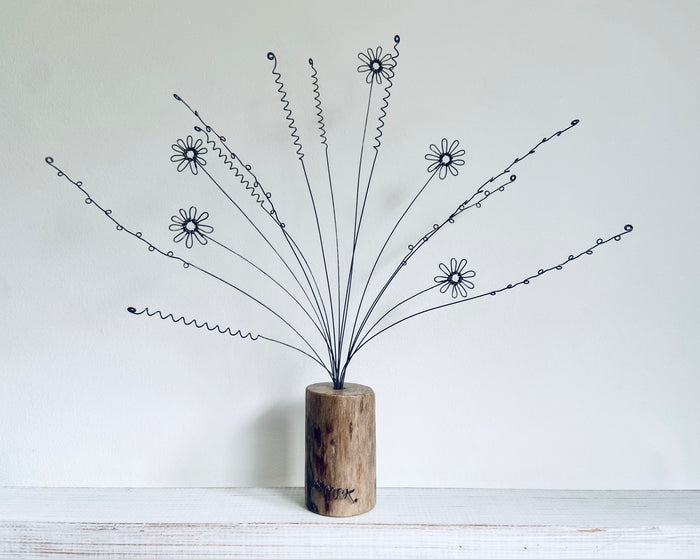 "Mini Daisies in Vase" - freestanding wire and waxed driftwood scupture by Wild Grey Art