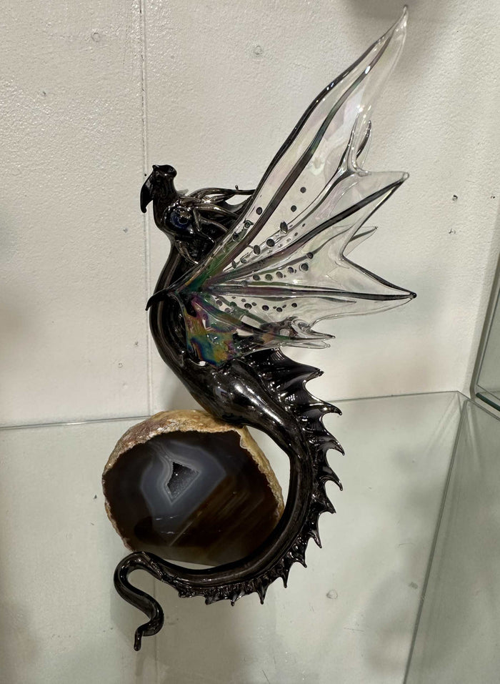 Black & Gold Glass Dragon Sculpture on Quartz