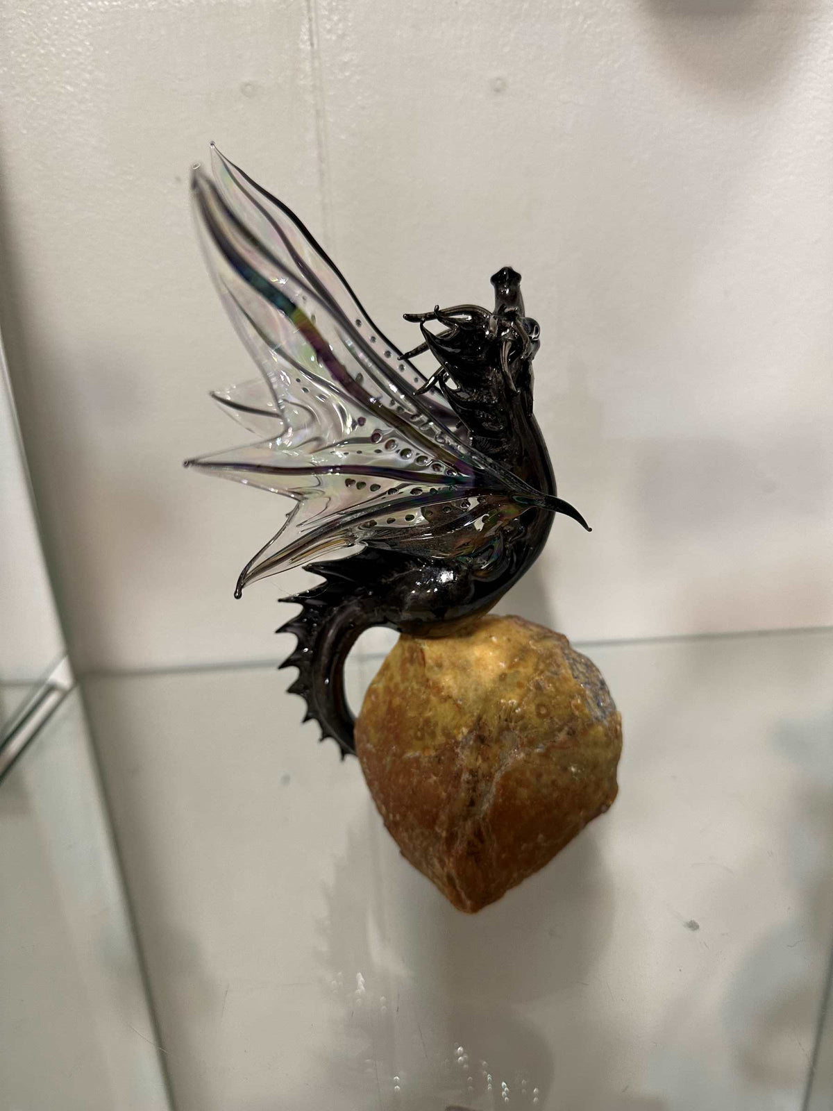 Black & Gold Glass Dragon Sculpture on Quartz