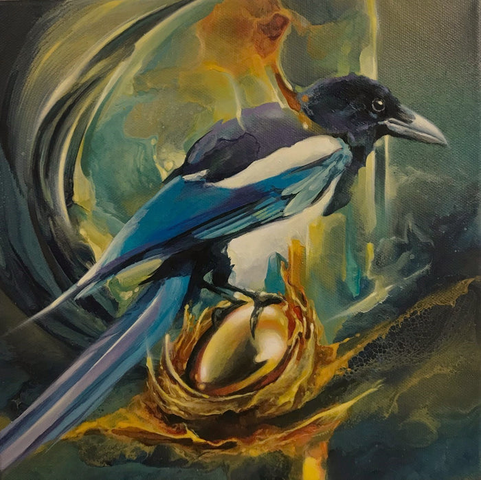 Stunning original acrylic on box canvas by Julien Hatswell, featuring a magpie painted in jewel-like colours. The piece is finshed with a high shine epoxy resin giving it a stunning finish.