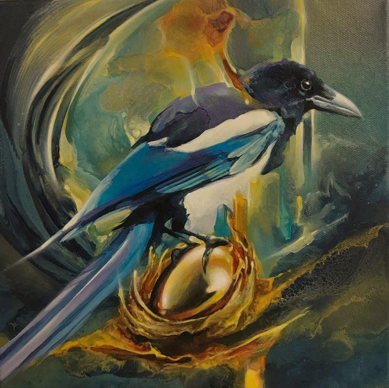 Stunning original acrylic on box canvas by Julien Hatswell, featuring a magpie painted in jewel-like colours. The piece is finshed with a high shine epoxy resin giving it a stunning finish.