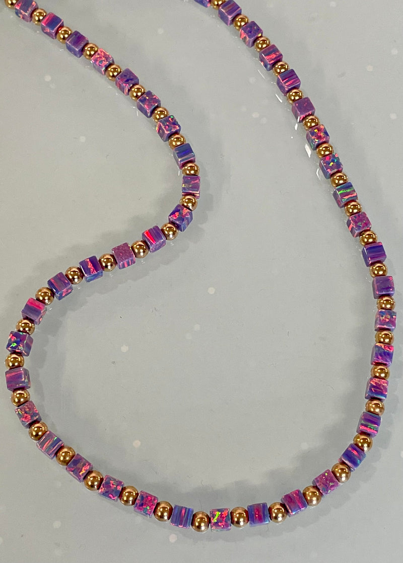 Purple square bead necklace with gold round beads by Lavan