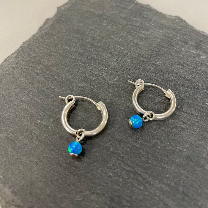 Small Silver Blue Opal Hoop Earrings